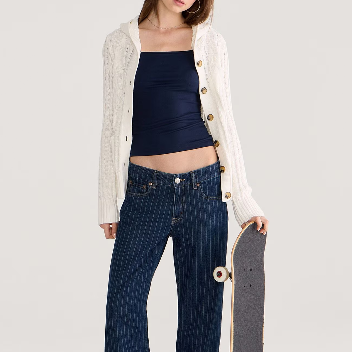 White Hooded Cable Knit Button Front Cardigan - view 2