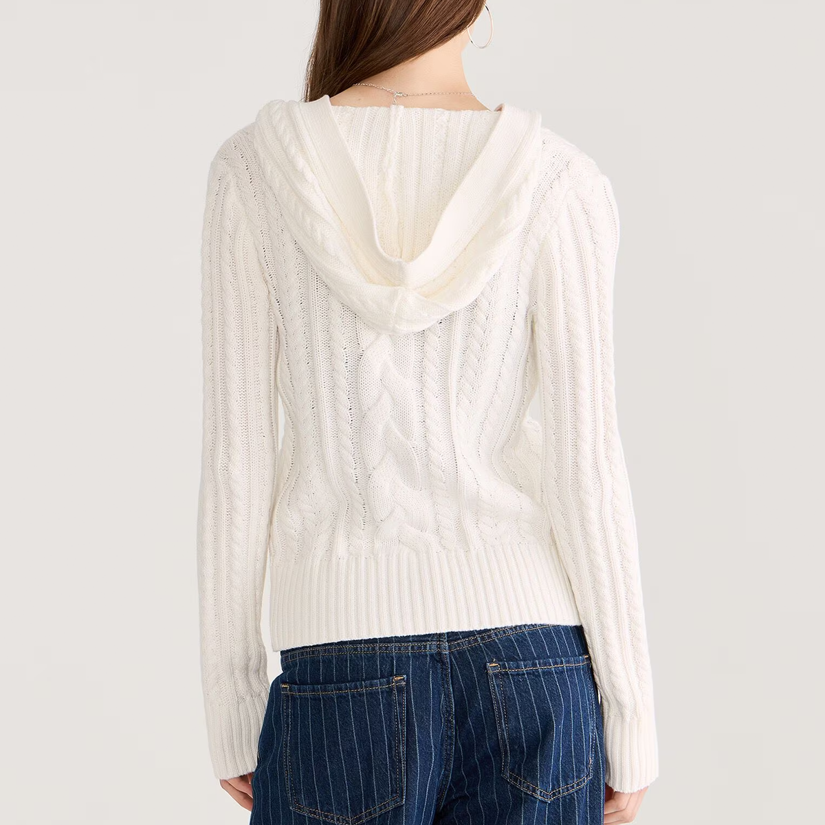 White Hooded Cable Knit Button Front Cardigan - view 3