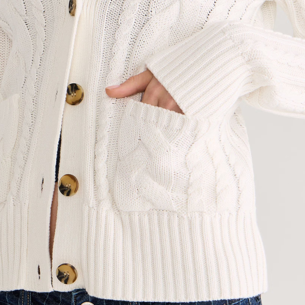 White Hooded Cable Knit Button Front Cardigan - view 4