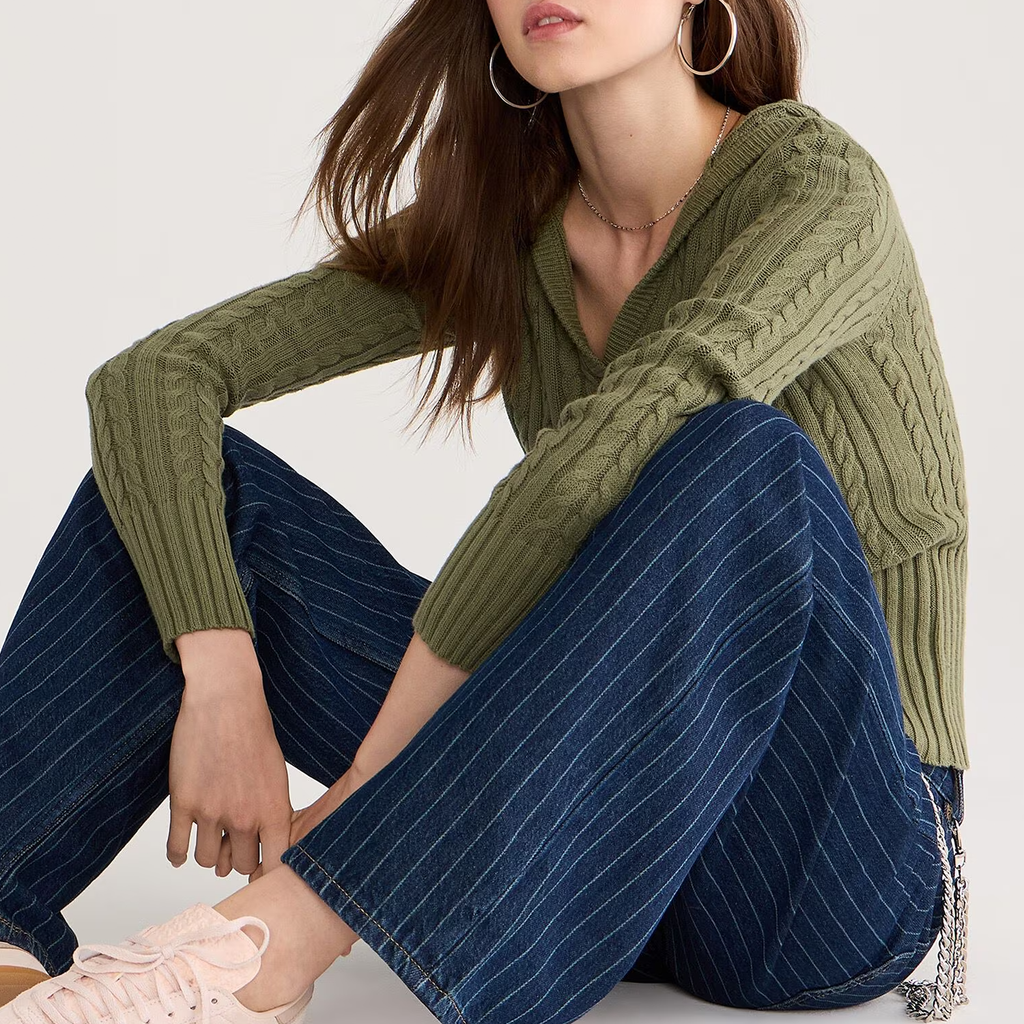Green Cable Knit High Rib Hem Hooded Sweater - view 2