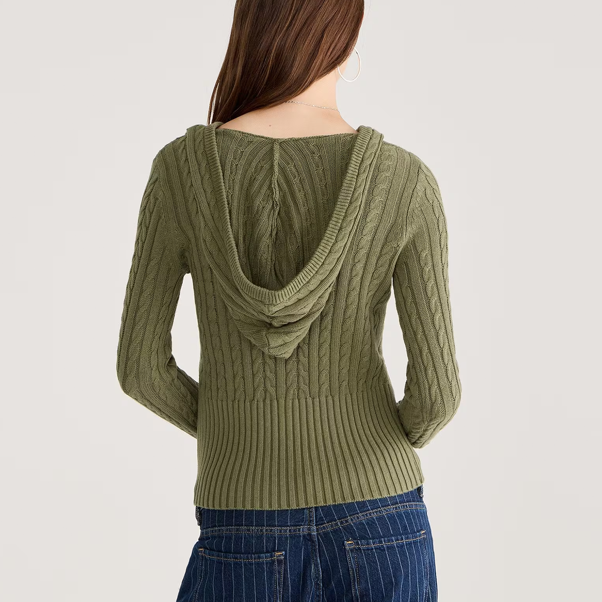 Green Cable Knit High Rib Hem Hooded Sweater - view 3