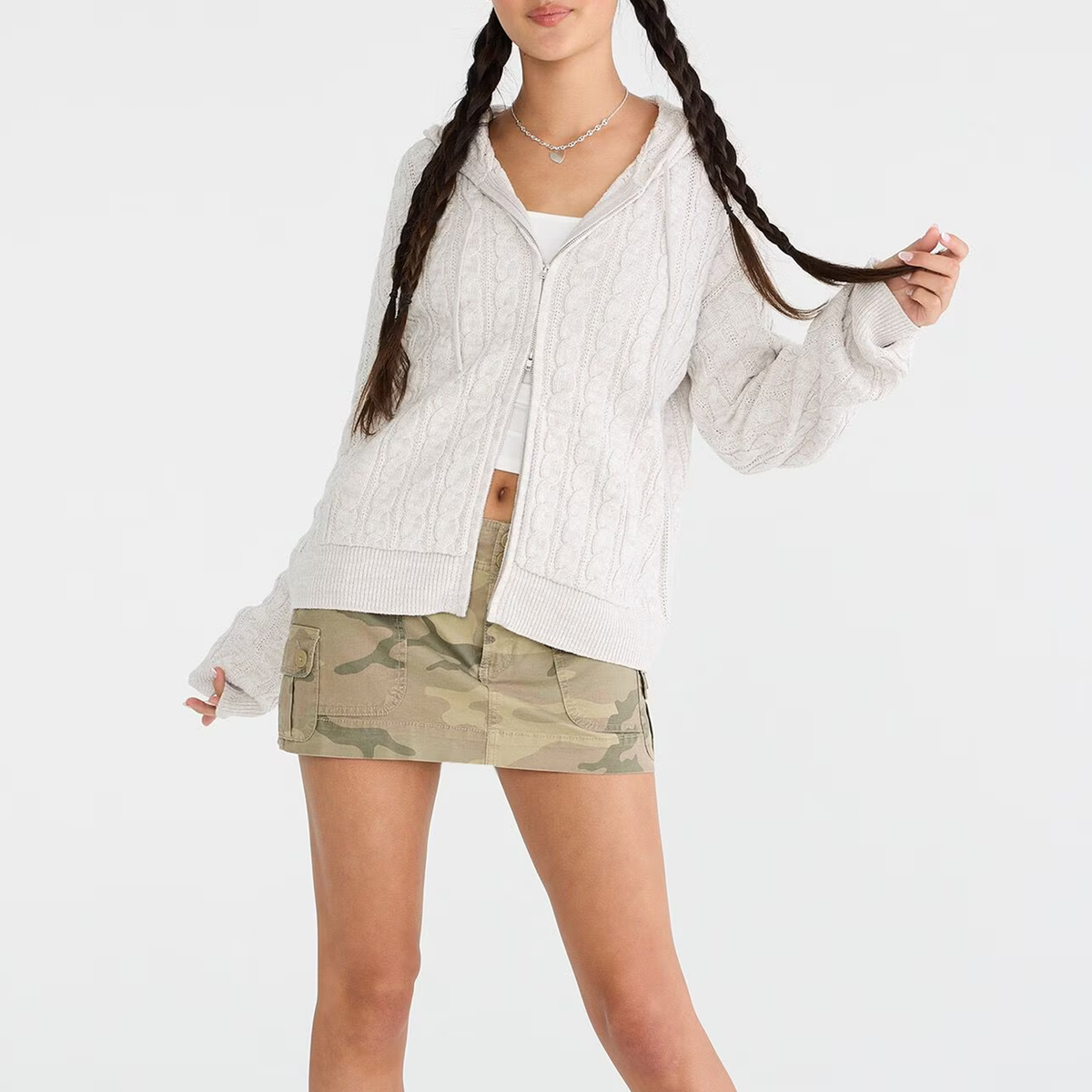 White Cable Knit Full Zip Hooded Sweater - view 2