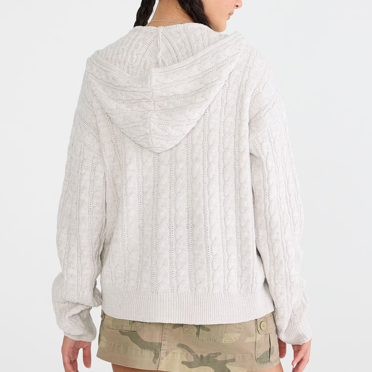 White Cable Knit Full Zip Hooded Sweater - view 3