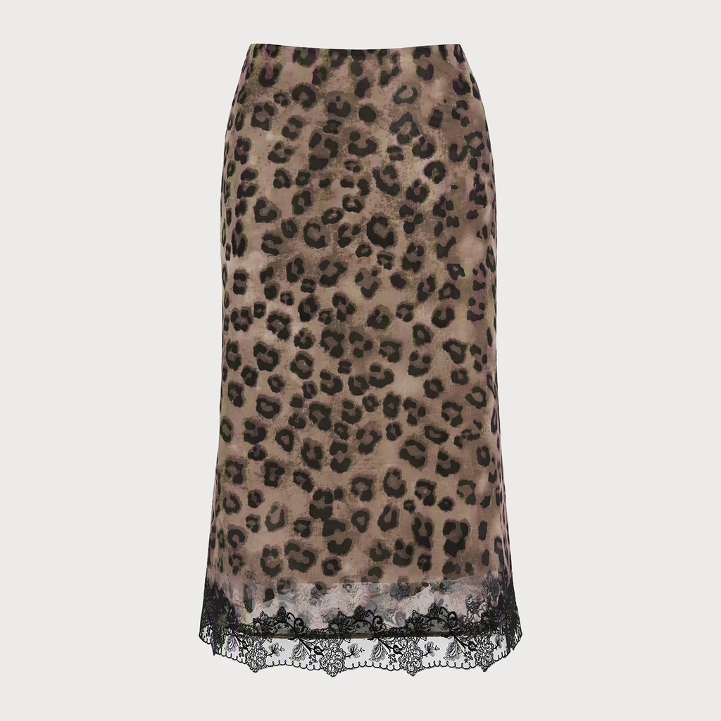 Animal Print Lace Trim Straight Midi Skirt - view 3