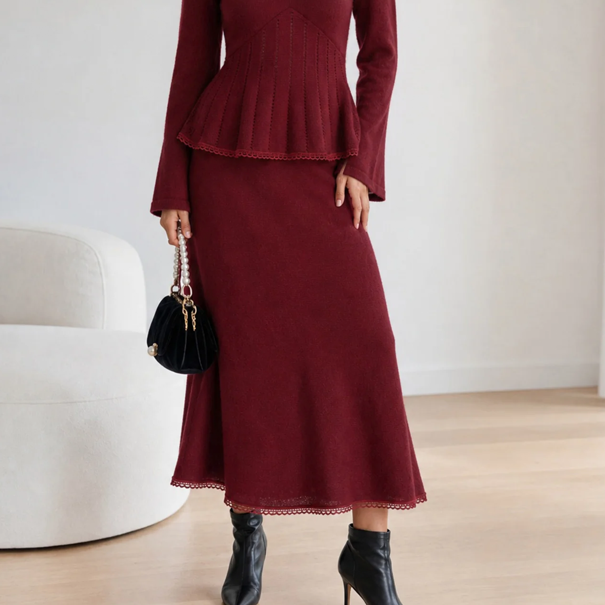 Red Lace Hem Elastic Waist A-Line Maxi Skirt - view 2