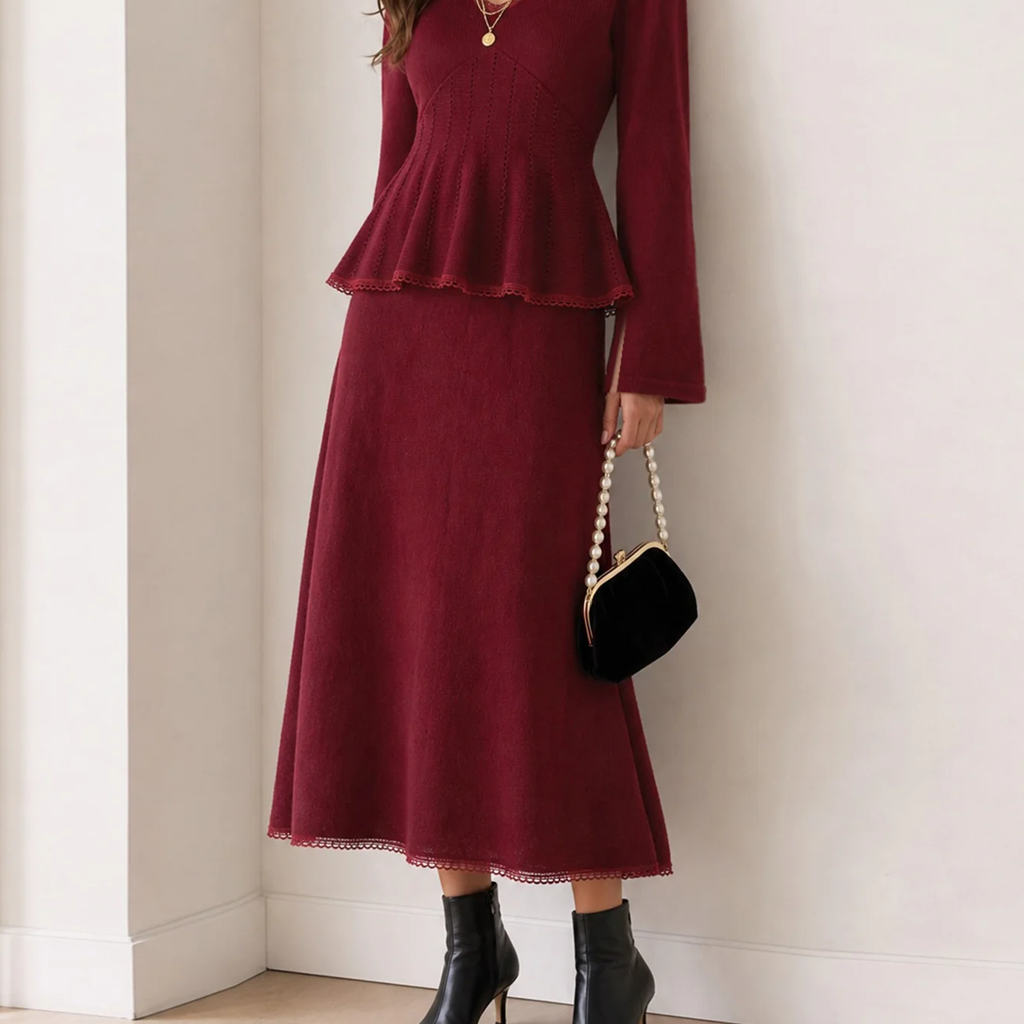 Red Lace Hem Elastic Waist A-Line Maxi Skirt - view 3