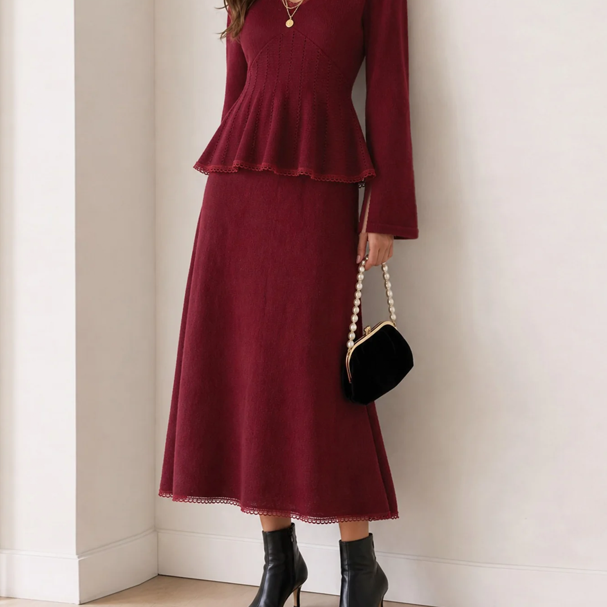 Red Lace Hem Elastic Waist A-Line Maxi Skirt - view 3